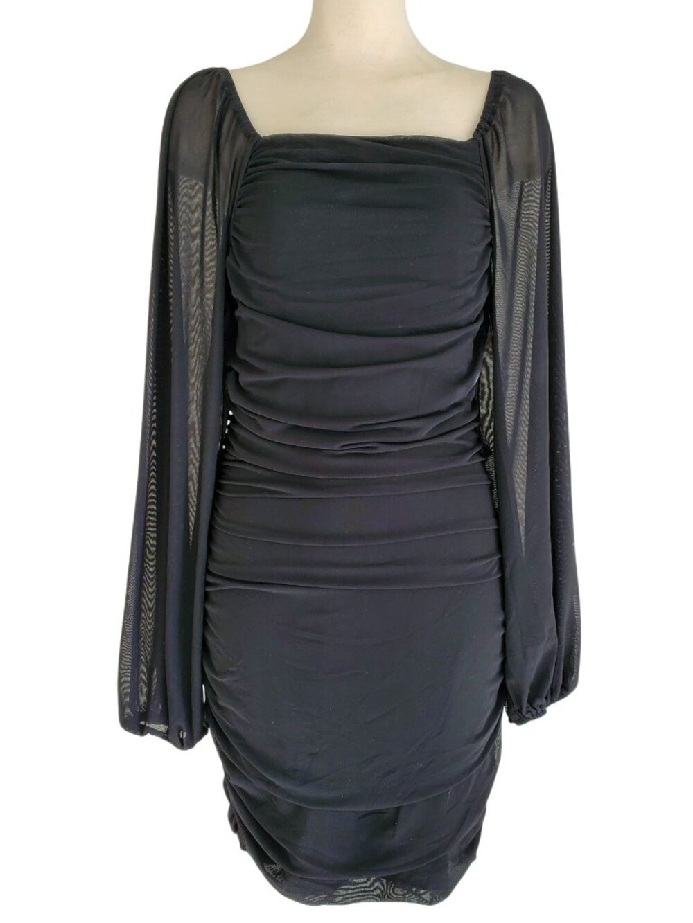 MEROKEETY Square Neck Lantern Long Sleeve Mesh Ruched Bodycon Clubwear Dress L - Picture 4 of 16